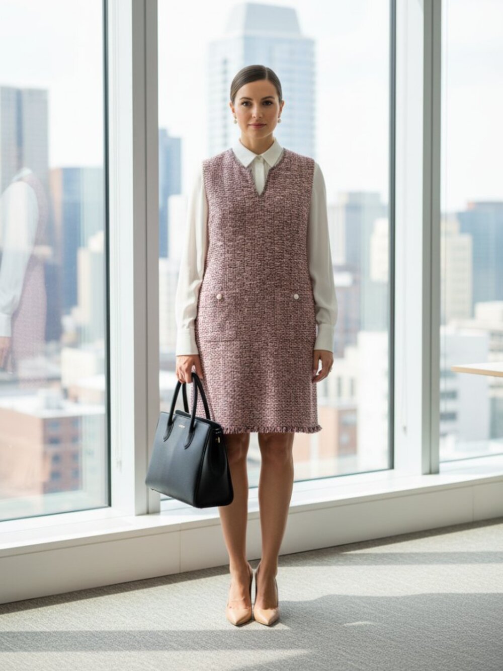Karl Lagerfeld Paris Pink Boucléd Tweed Shift Dress Size 14 | Designer